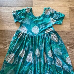 Sweet Honey Hawaii Monstera and Rainbow Teal Kids Dress